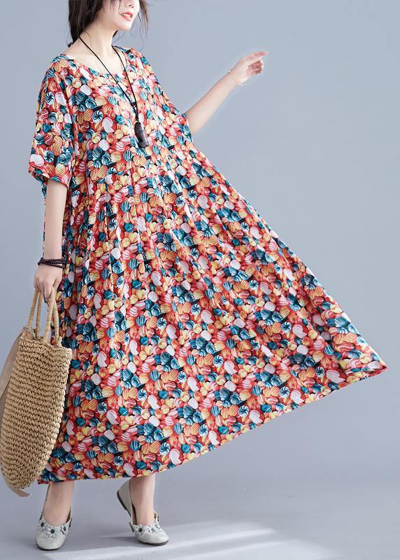 Italian floral cotton Robes o neck Cinched Maxi summer Dress - SooLinen