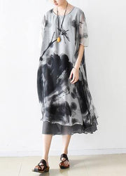 Italian gray print chiffon clothes For Women plus size Fashion Ideas o neck pockets Summer Dress - SooLinen