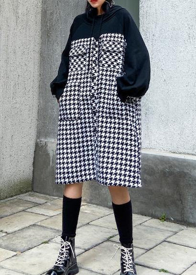 Italian hooded cotton plaid tunic dress Inspiration black cotton robes Dresses - SooLinen