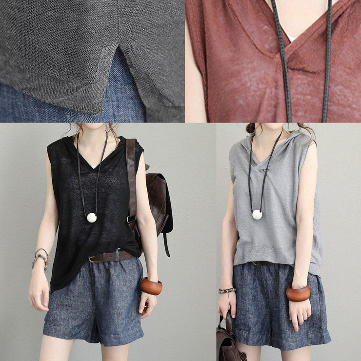 Italian hooded cotton shirts women design dark gray shirts summer - SooLinen