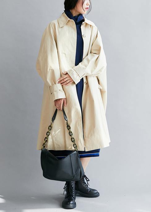 Italian lapel pockets Plus Size fall coat for woman beige short outwear - SooLinen