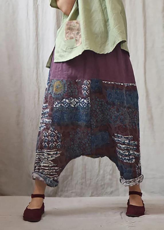 Italian linen trousers Vintage Printed Low Crotch Casual Harem Pants - SooLinen