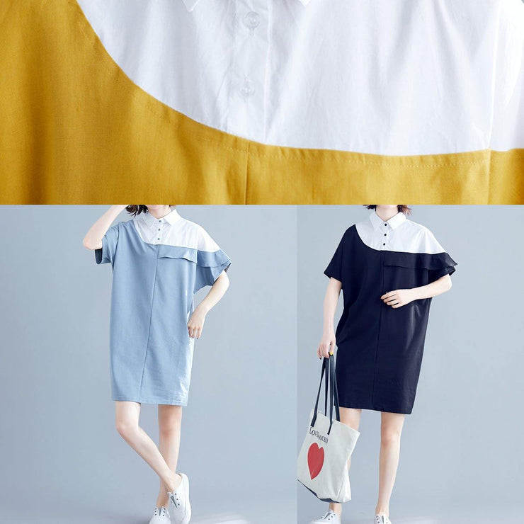 Italian o neck patchwork Cotton Tunics light blue Dress summer - SooLinen