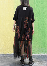 Italian o neck patchwork tulle cotton dresses Fabrics black print Traveling Dresses summer - SooLinen