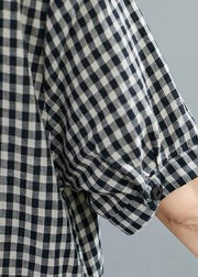 Italian o neck side open linen Long Wardrobes black plaid Dresses - SooLinen