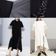 Italian patchwork cotton Tunics Sleeve white Maxi Dresses summer - SooLinen