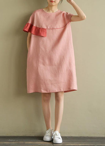 Italian pink linen Wardrobes o neck patchwork baggy summer Dress - SooLinen