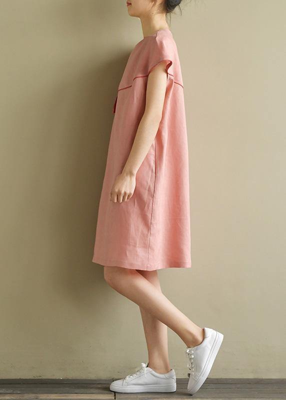 Italian pink linen Wardrobes o neck patchwork baggy summer Dress - SooLinen