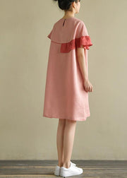 Italian pink linen Wardrobes o neck patchwork baggy summer Dress - SooLinen