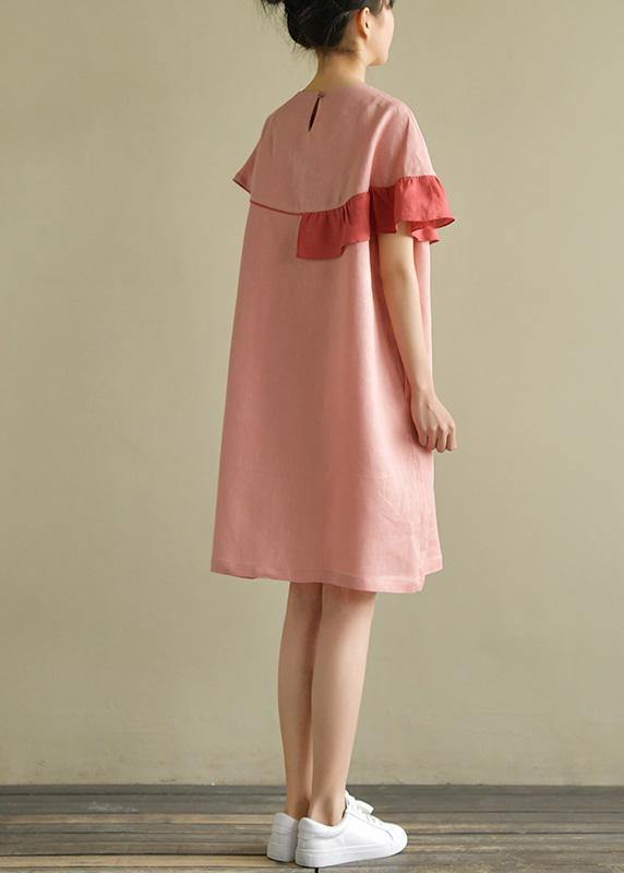 Italian pink linen Wardrobes o neck patchwork baggy summer Dress - SooLinen