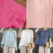 Italian stand collar linen summer clothes Shape navy embroidery blouse - SooLinen