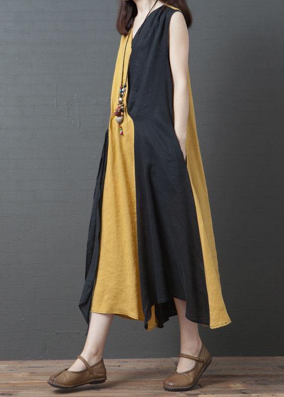 Italian v neck pockets cotton box top Christmas Gifts yellow summer dress - SooLinen