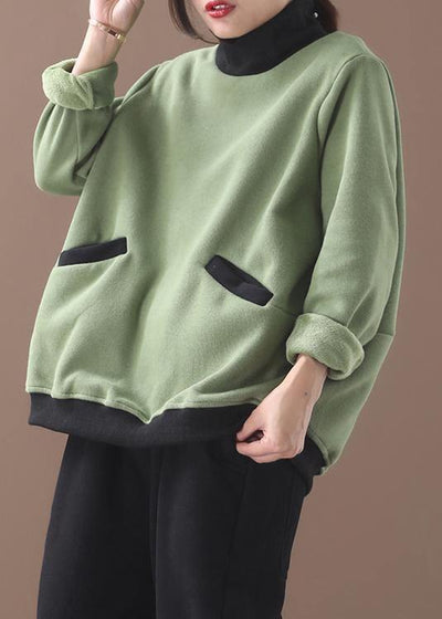 Italian winter cotton patchwork high neck clothes design green blouse - SooLinen