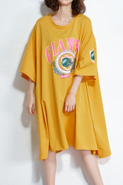 Italienische gelbe Baumwoll-Steppkleider feine Arbeits-Outfits o-Ausschnitt Baggy-Knie-Sommerkleider