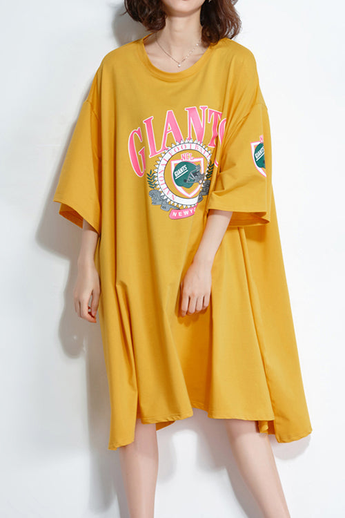 Italienische gelbe Baumwoll-Steppkleider feine Arbeits-Outfits o-Ausschnitt Baggy-Knie-Sommerkleider