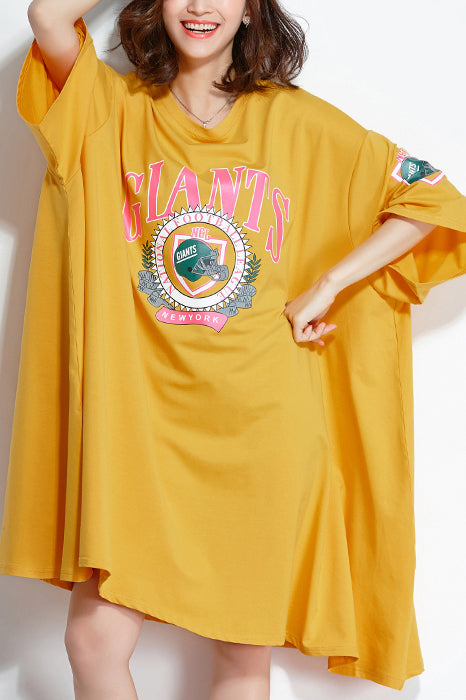 Italienische gelbe Baumwoll-Steppkleider feine Arbeits-Outfits o-Ausschnitt Baggy-Knie-Sommerkleider