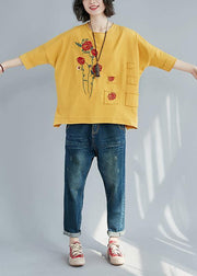 Italian yellow cotton clothes For Women boutique Outfits o neck patchwork tunic Summer - SooLinen