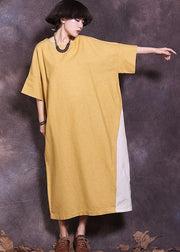 Italian yellow patchwork cotton Tunics Batwing Sleeve A Line summer Dress - SooLinen