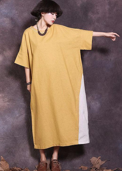 Italian yellow patchwork cotton Tunics Batwing Sleeve A Line summer Dress - SooLinen