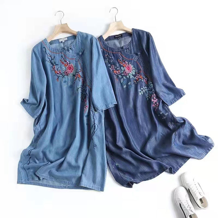 Italienisches blau besticktes orientalisches Jeanskleid Sommerkleid aus Baumwolle