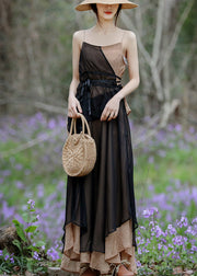 Khaki Colorblock Spaghetti Strap Long Dress Layered Asymmetrical Summer