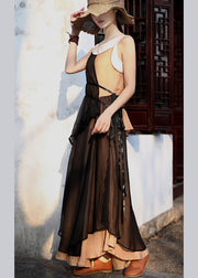 Khaki Colorblock Spaghetti Strap Long Dress Layered Asymmetrical Summer