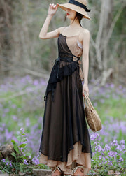 Khaki Colorblock Spaghetti Strap Long Dress Layered Asymmetrical Summer