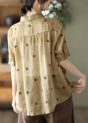 Khaki Patchwork Linen Shirt Tops Wrinkled Pocket Short Sleeve