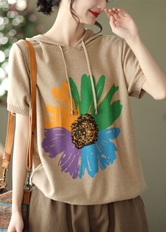 Khaki Print 2025 Knit Tank Tops Drawstring Short Sleeve