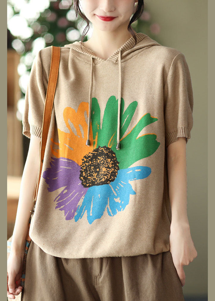 Khaki Print 2025 Knit Tank Tops Drawstring Short Sleeve