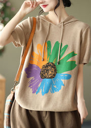 Khaki Print 2025 Knit Tank Tops Drawstring Short Sleeve