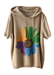 Khaki Print 2025 Knit Tank Tops Drawstring Short Sleeve