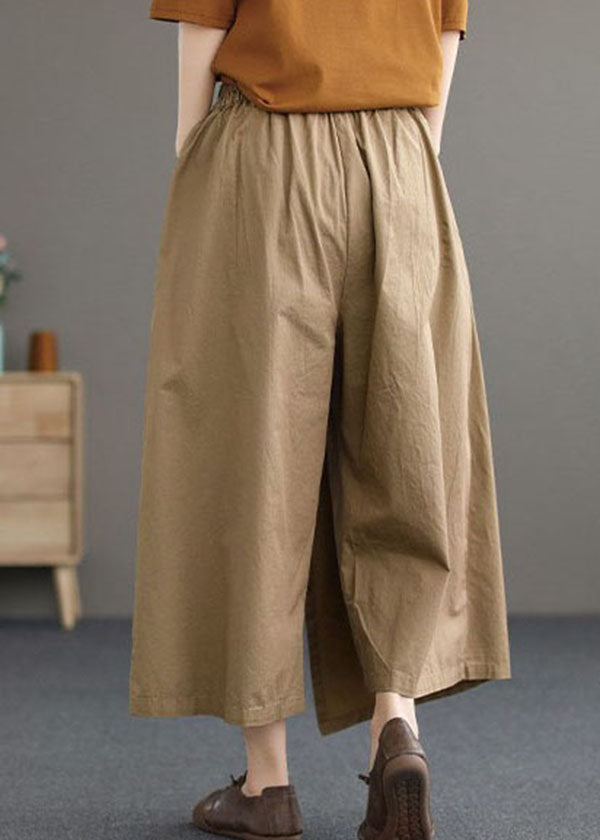 Khakifarbene Hose aus fester Baumwolle mit weitem Bein, elastischer Bund, asymmetrischer Sommer