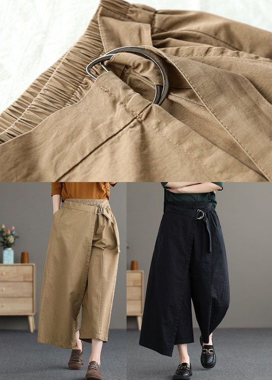 Khakifarbene Hose aus fester Baumwolle mit weitem Bein, elastischer Bund, asymmetrischer Sommer