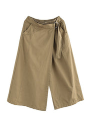 Khakifarbene Hose aus fester Baumwolle mit weitem Bein, elastischer Bund, asymmetrischer Sommer