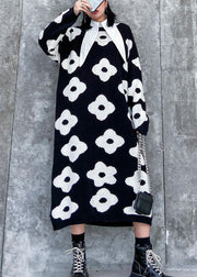 Knitted black print Sweater Aesthetic Women o neck baggy knit dress - SooLinen
