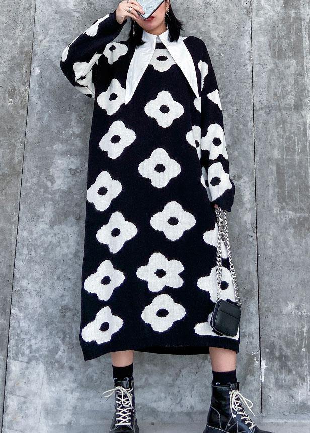 Knitted black print Sweater Aesthetic Women o neck baggy knit dress - SooLinen