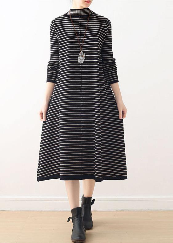 Knitted high neck Sweater weather plus size black striped baggy knitwear - SooLinen