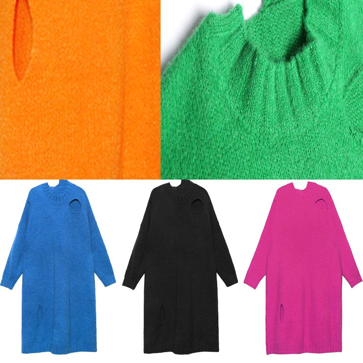 Knitted o neck Hole Sweater weather Design green daily knit dress - SooLinen