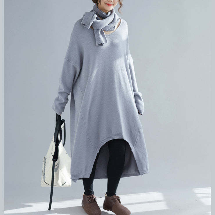 Gestrickter asymmetrischer Pullover mit O-Ausschnitt-Outfit Upcycle graues Fuzzy-Strickoberteil