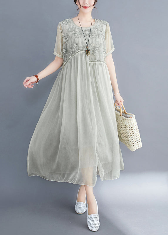 Lake Green Loose Silk Dresses O-Neck Ruffled Short Sleeve
