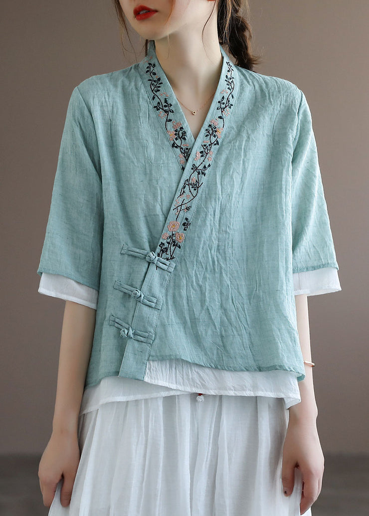 Light Green Fake Two Piece Cotton Shirt Top Embroideried Half Sleeve