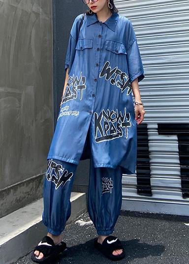 Lightweight and cool summer blue suit women fashion  short sleeve + pants two-pieces - SooLinen