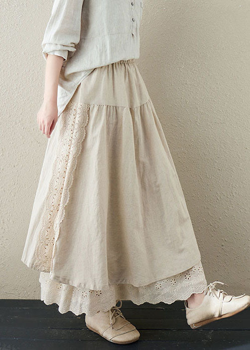 Linen Color Patchwork Linen Fake Two Piece Skirts Wrinkled Embroideried Summer