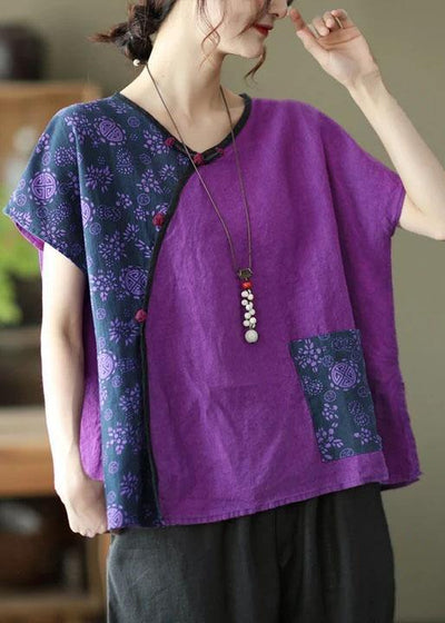 Linen Women Purple Stitching Floral Vintage Short Sleeve T-shirt - SooLinen