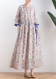Literary small daisy mid-length dress waist ming 2021 new ramie printed skirt - SooLinen