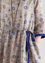 Literary small daisy mid-length dress waist ming 2021 new ramie printed skirt - SooLinen