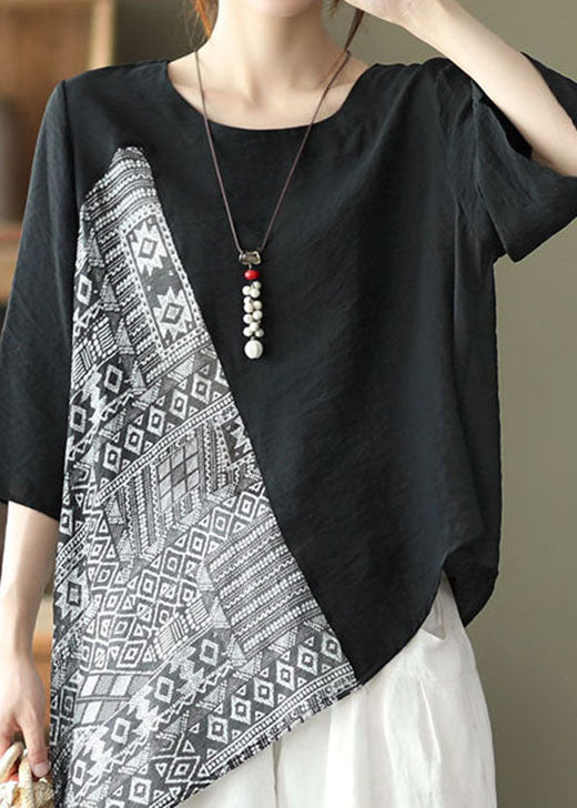 Loose Black Asymmetrical Patchwork Shirts Half Sleeve