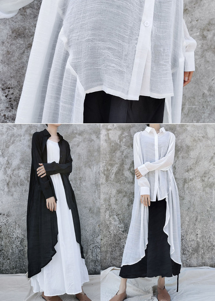 Loose Black Low High Design Peter Pan Collar Linen Tops Long Sleeve