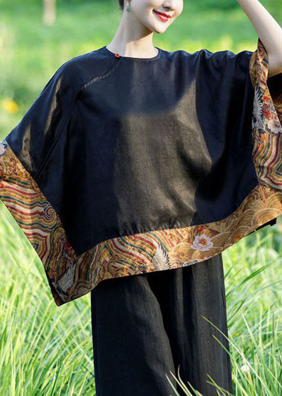 Loses schwarzes asymmetrisches Patchwork-Seidenoberteil mit O-Ausschnitt Frühling